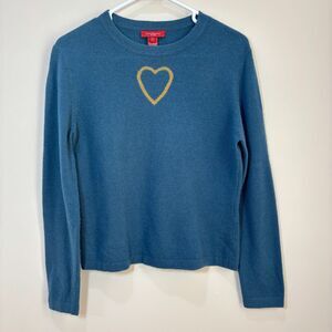 Sundance Teal Blue Lambswool Sweater Heart Print sz Small Novelty Preppy Classic